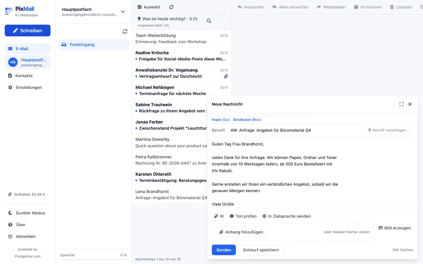 Editor für eine neue Nachricht mit Anhang und Signatur