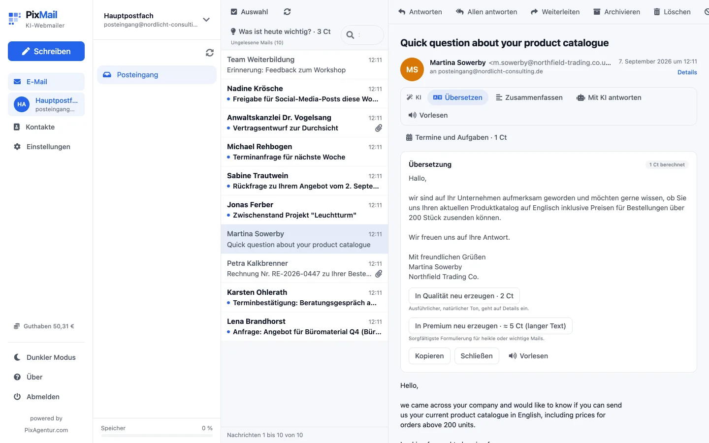 KI-Leiste über einer geöffneten Nachricht mit Übersetzen, Zusammenfassen und weiteren Werkzeugen