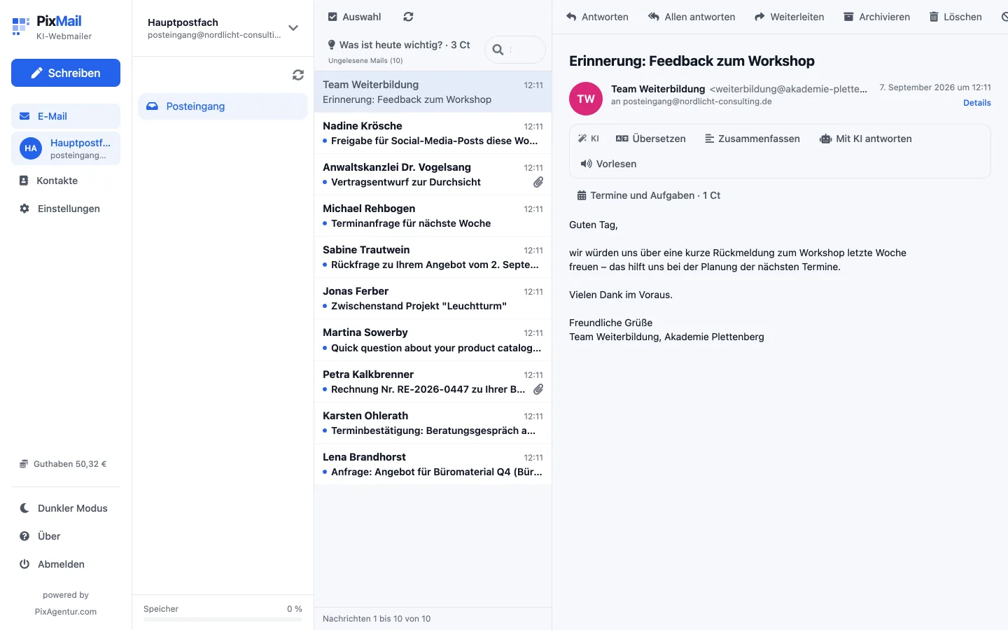 Der Posteingang von PixMail mit Ordnerliste, Mailliste und geöffneter Nachricht